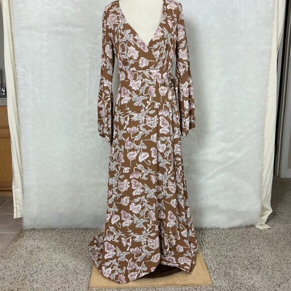 Flynn Skye Brown Tan Pink Long Sleeve Floral Monterey Maxi Dress L - Picture 1 of 8